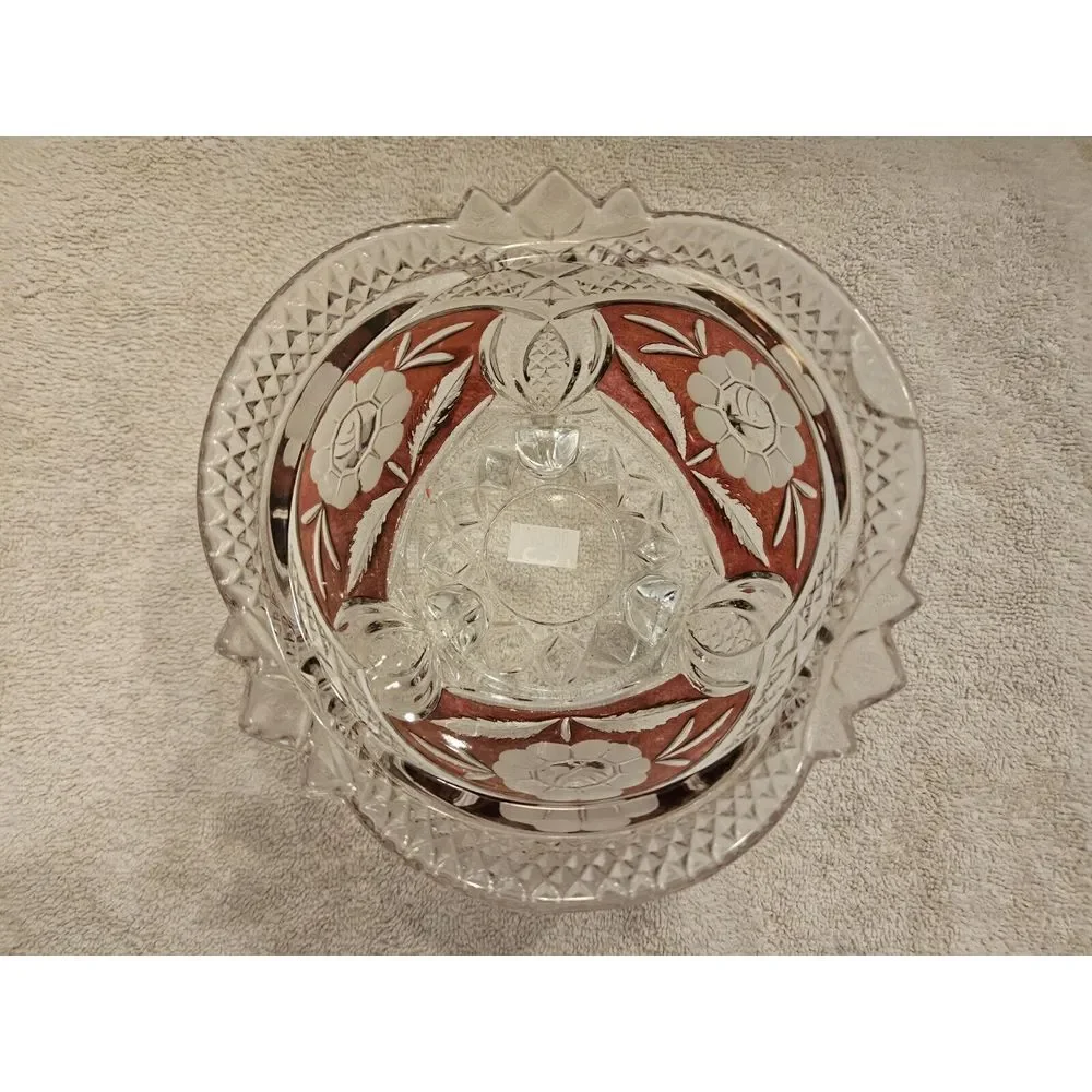 Vintage Anna Hutte Bleikristal Lead Crystal Footed Candy Trinket Dish Ruby Flash